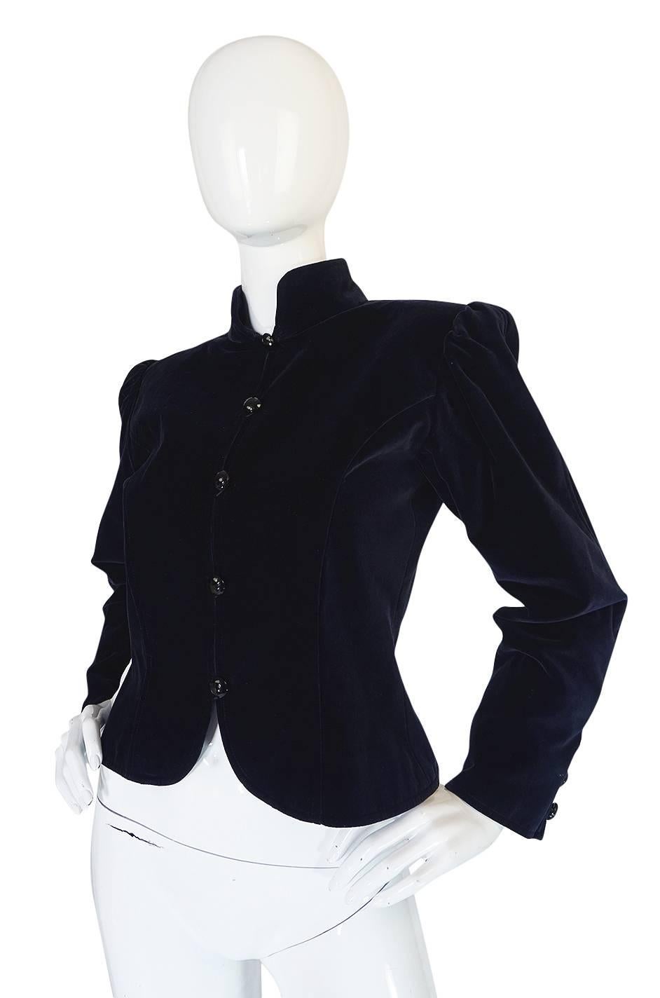 Black 1970s Yves Saint Laurent Deep Blue Velvet Fitted Jacket