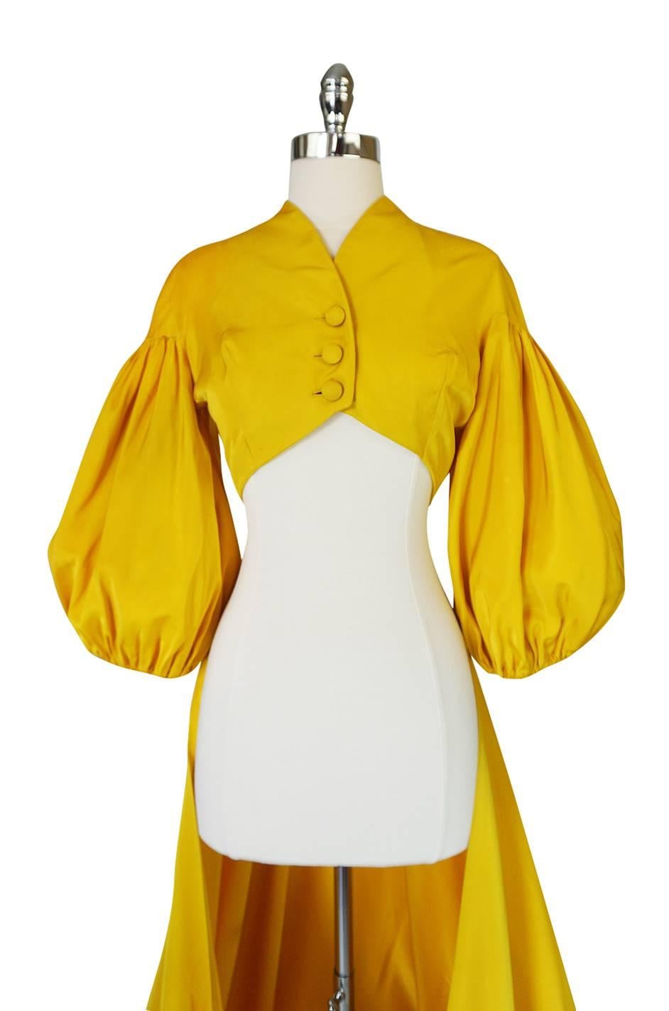 Extraordinary 1940s Yellow Silk Satin Full Length Skirted Jacket 1
