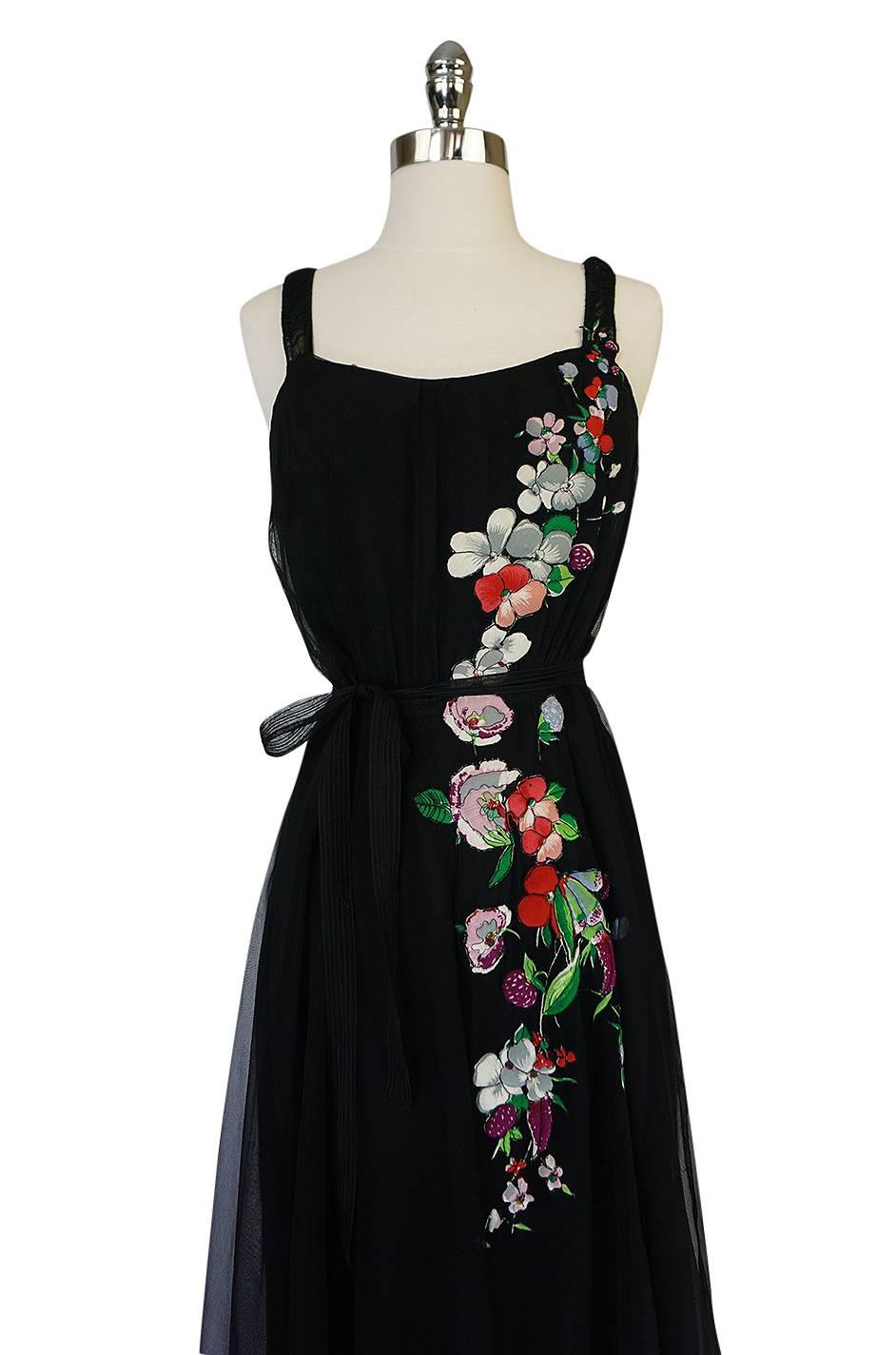Black 1930s Fashion Originators Guild Floral Applique Silk Dress