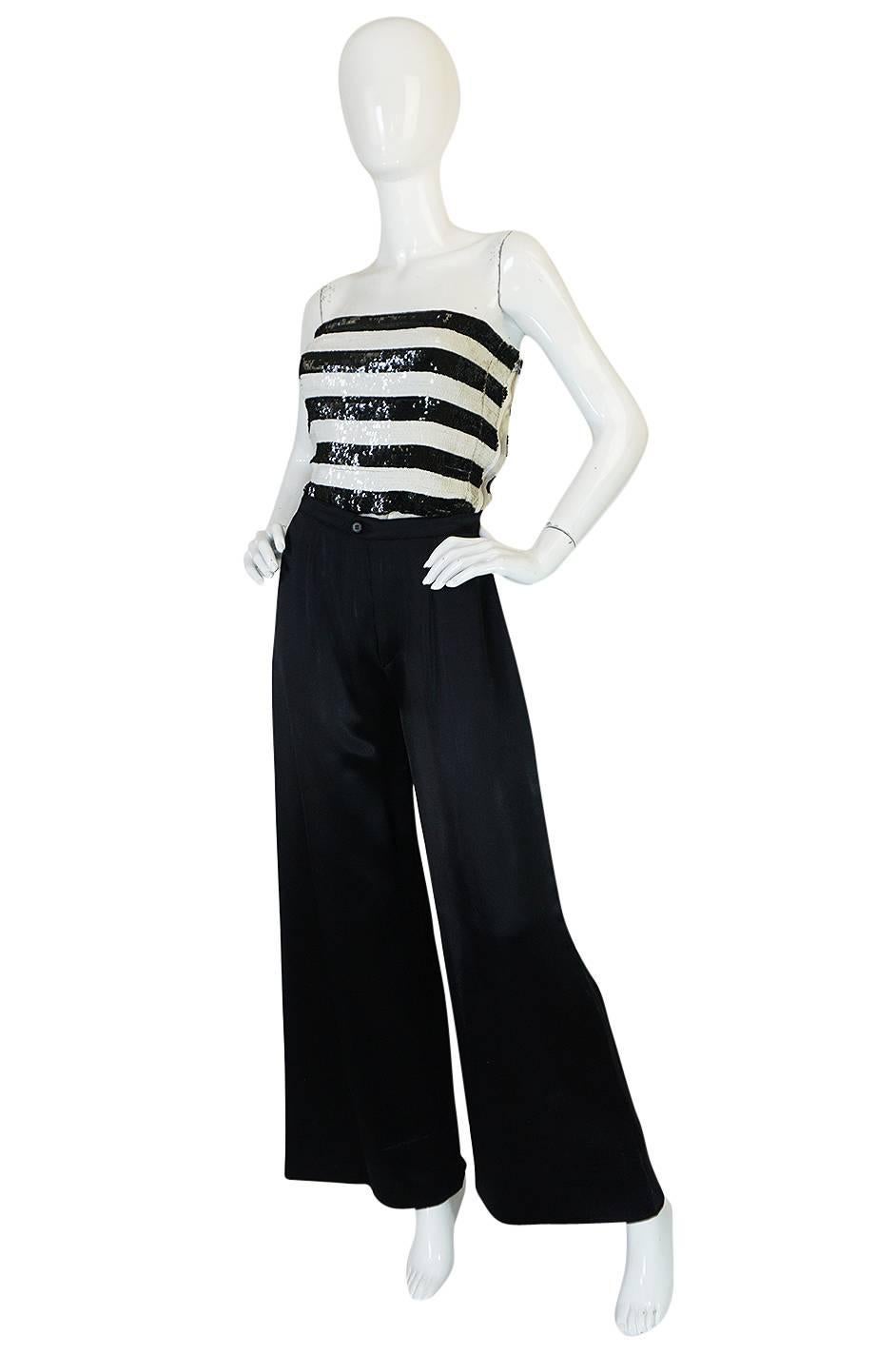 Black c1966 Yves Saint Laurent Sequin Stripe Top & Satin Pant