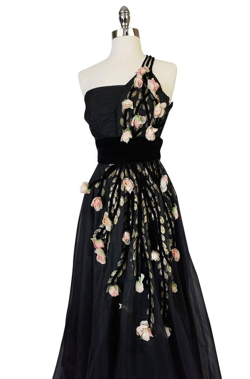 1940s Hand Painted and 3D Floral Detail Black Silk Organza Dress at 1stDibs