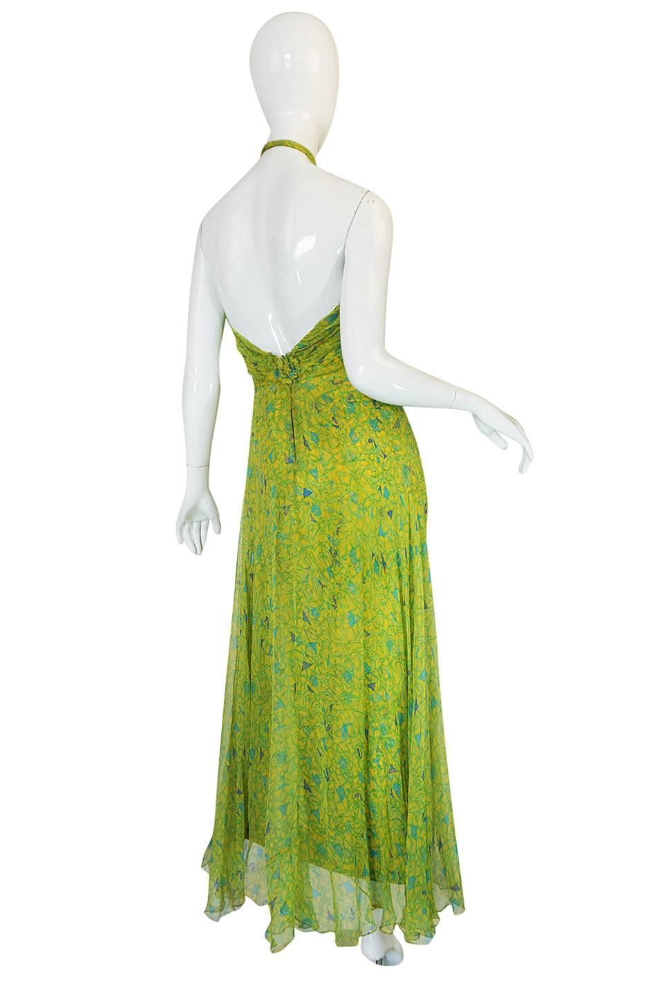 Spectacular 1970s Silk Chiffon Halter Dress & Feather Trim Cape In Excellent Condition In Rockwood, ON
