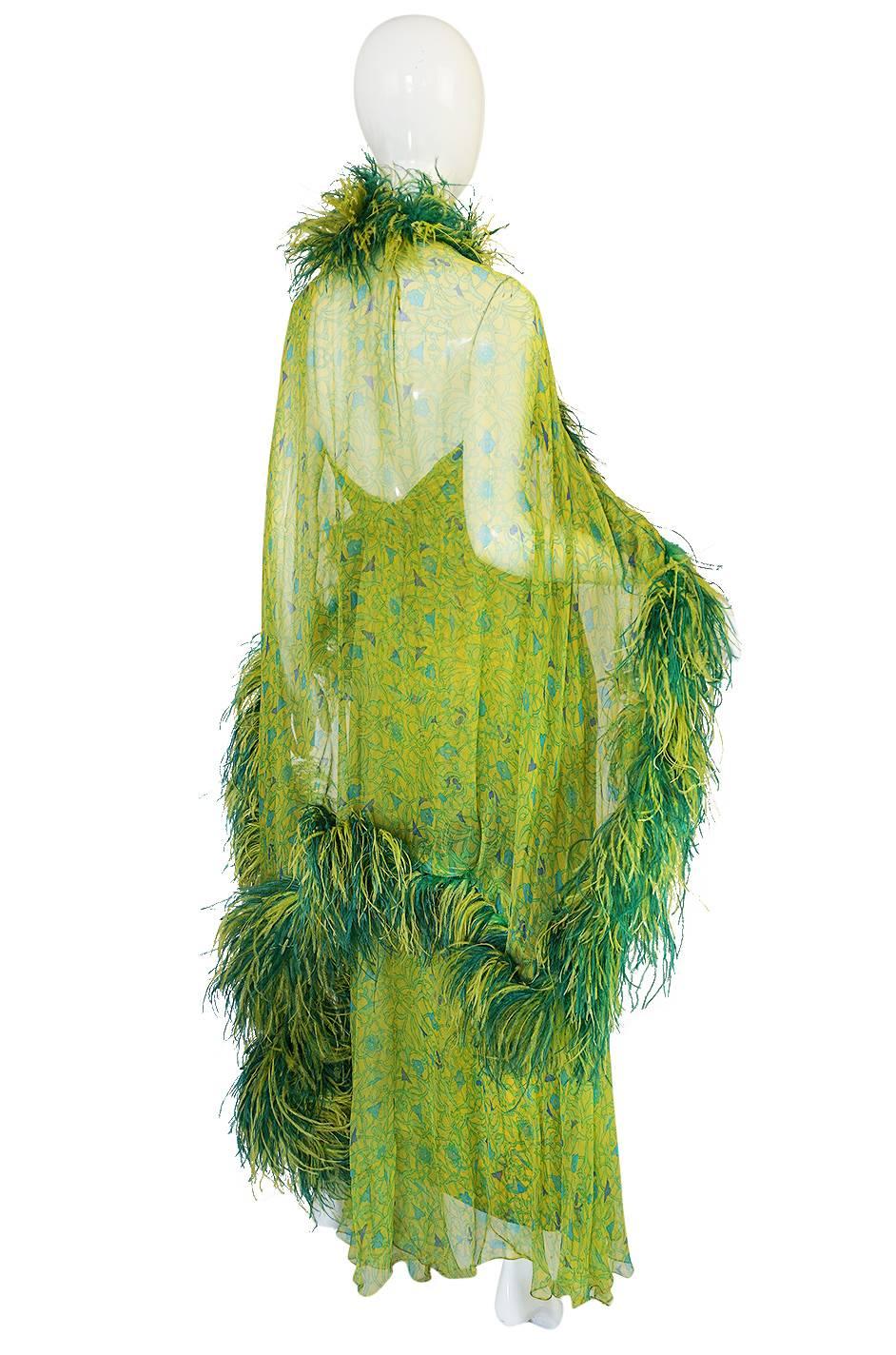 Green Spectacular 1970s Silk Chiffon Halter Dress & Feather Trim Cape