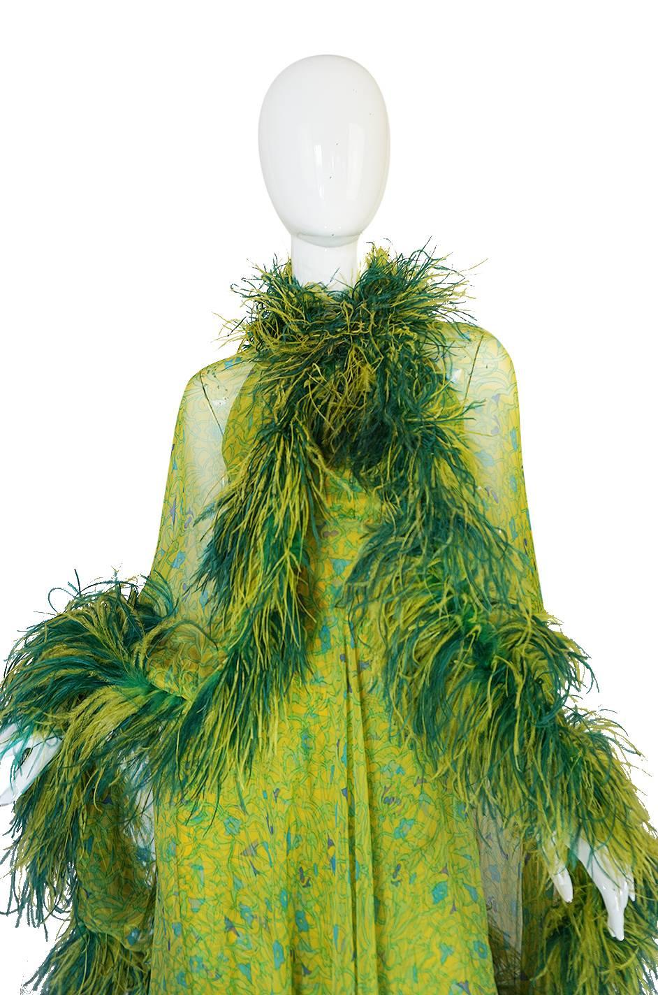 Spectacular 1970s Silk Chiffon Halter Dress & Feather Trim Cape 1