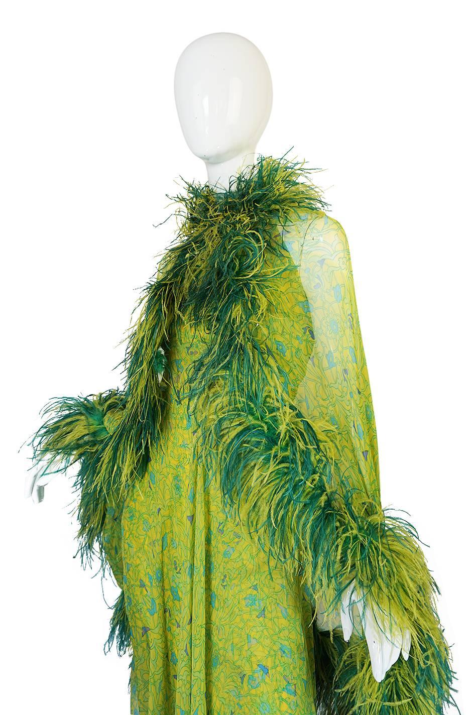 Spectacular 1970s Silk Chiffon Halter Dress & Feather Trim Cape 3