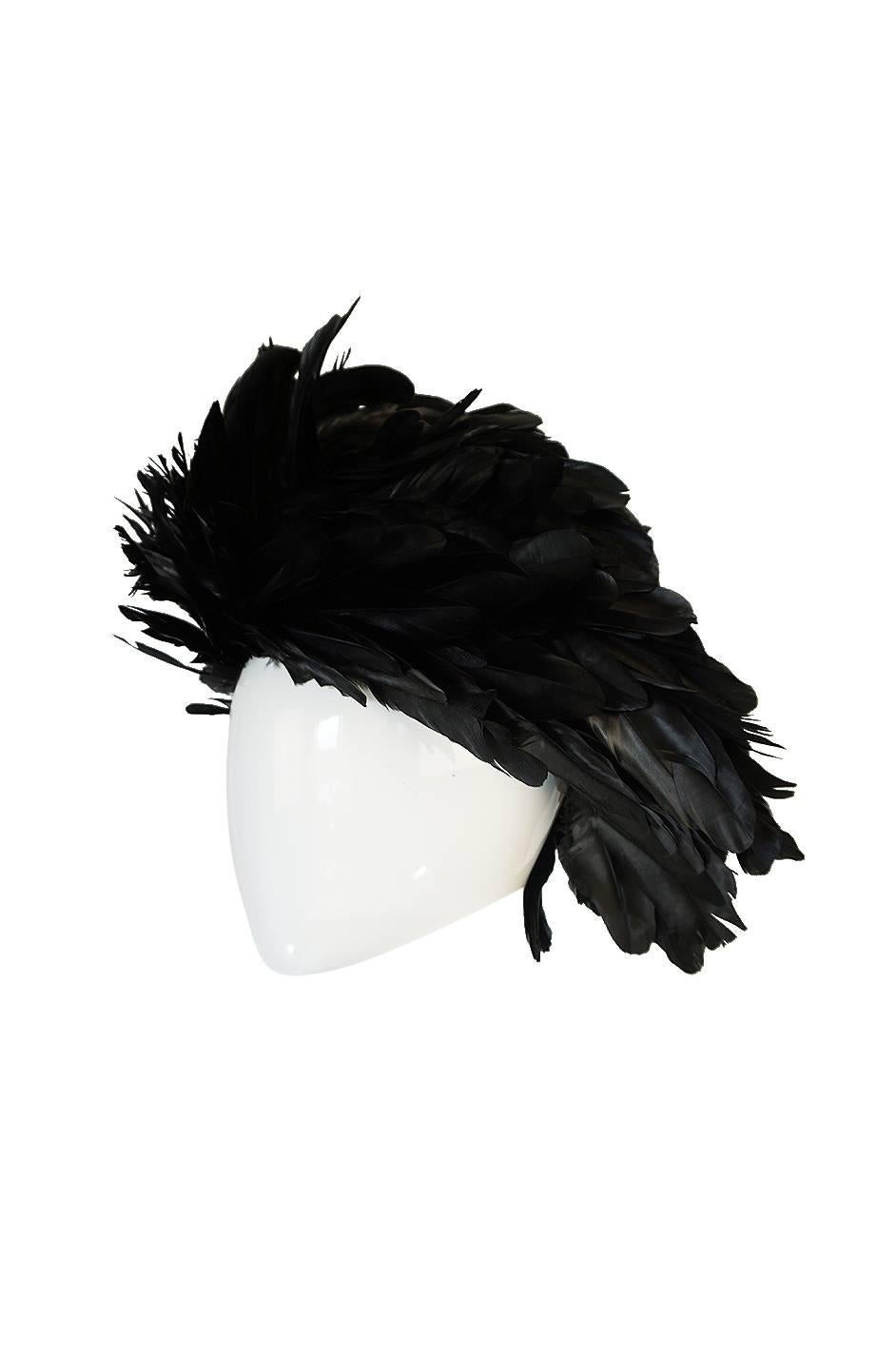 Vintage Renata Originals Elaborate Black Feather Hood Hat In Excellent Condition In Rockwood, ON