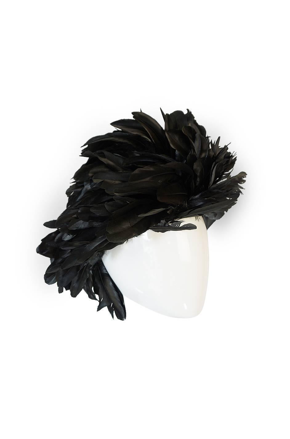 Women's Vintage Renata Originals Elaborate Black Feather Hood Hat