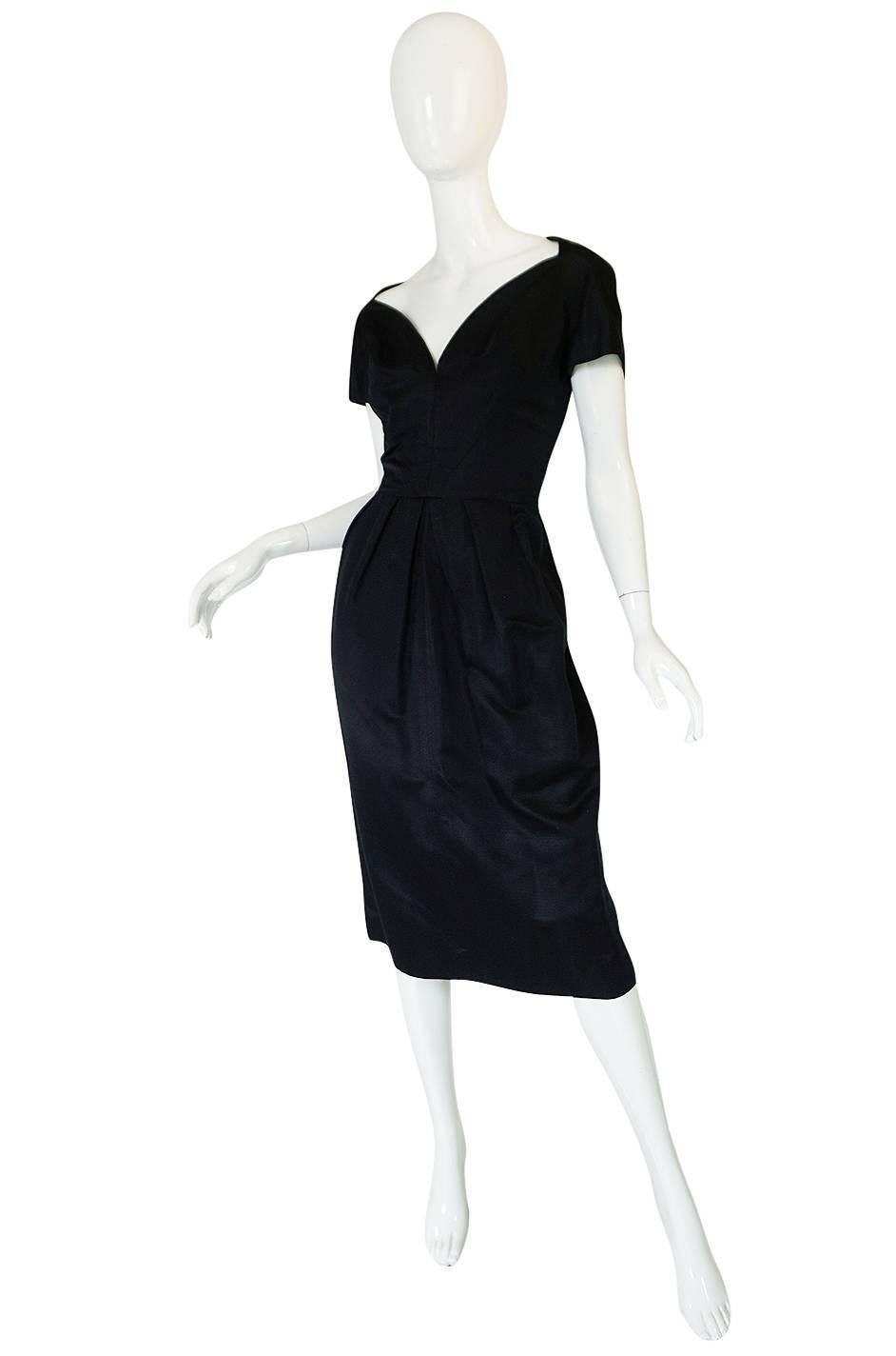 1950s Louis Estevez Black Silk Front Plunge Dress In Excellent Condition In Rockwood, ON