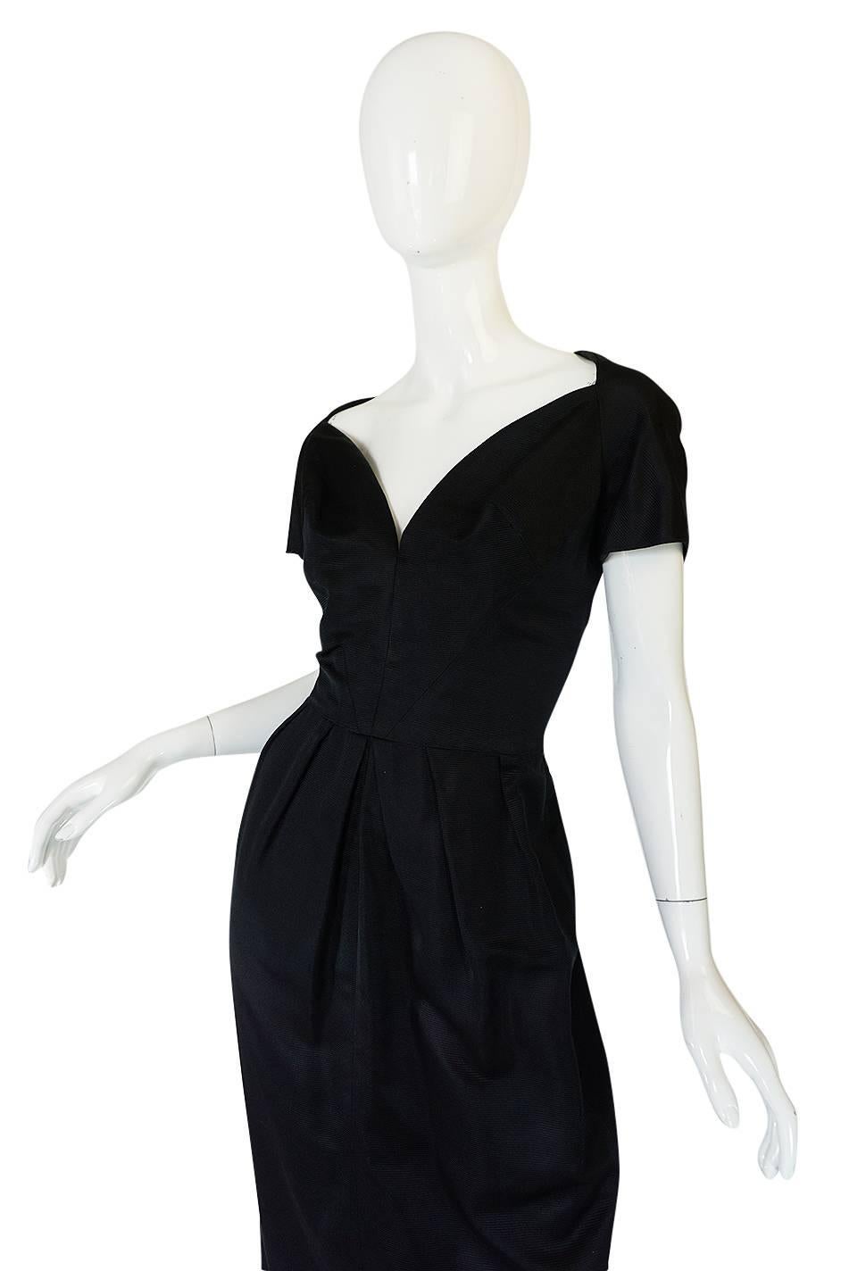 1950s Louis Estevez Black Silk Front Plunge Dress 1
