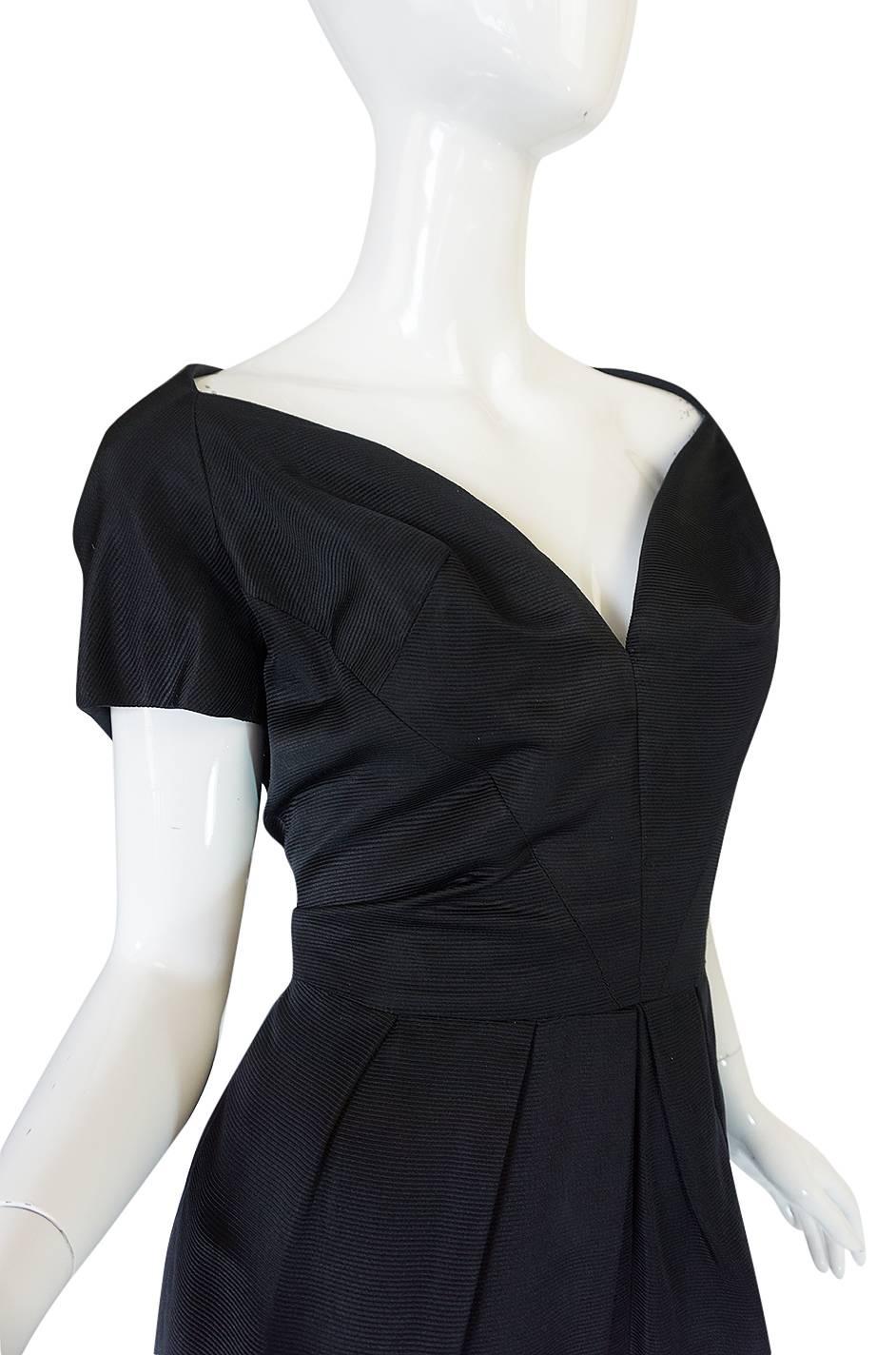 1950s Louis Estevez Black Silk Front Plunge Dress 2