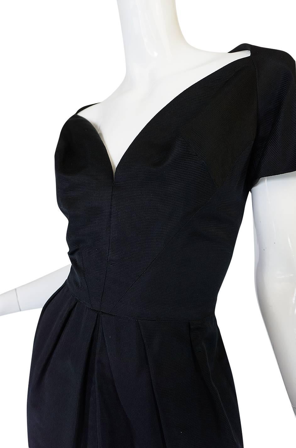 1950s Louis Estevez Black Silk Front Plunge Dress 3