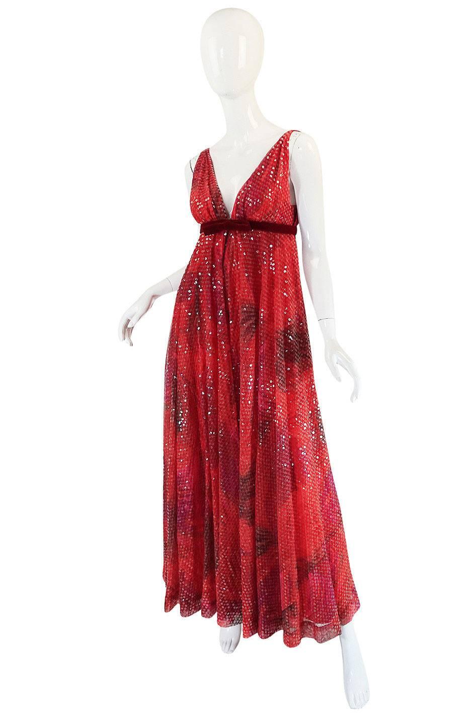 Red 1960s Travilla Plunging Sequin Covered Couture Silk Dress