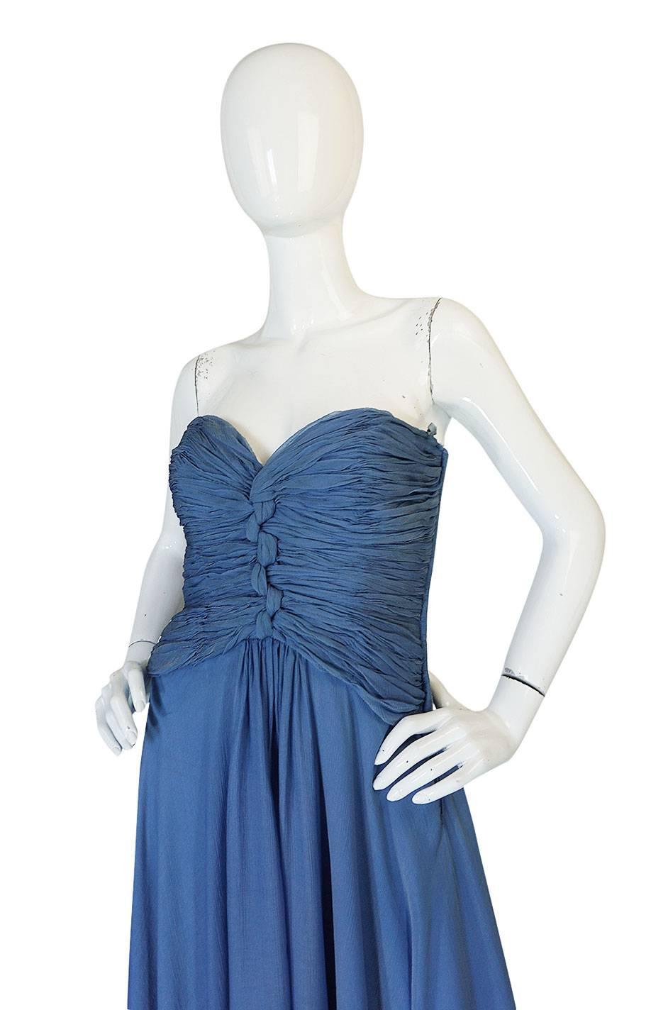 1970s Oscar de la Renta Ice Blue Silk Chiffon Dress & Cape 1