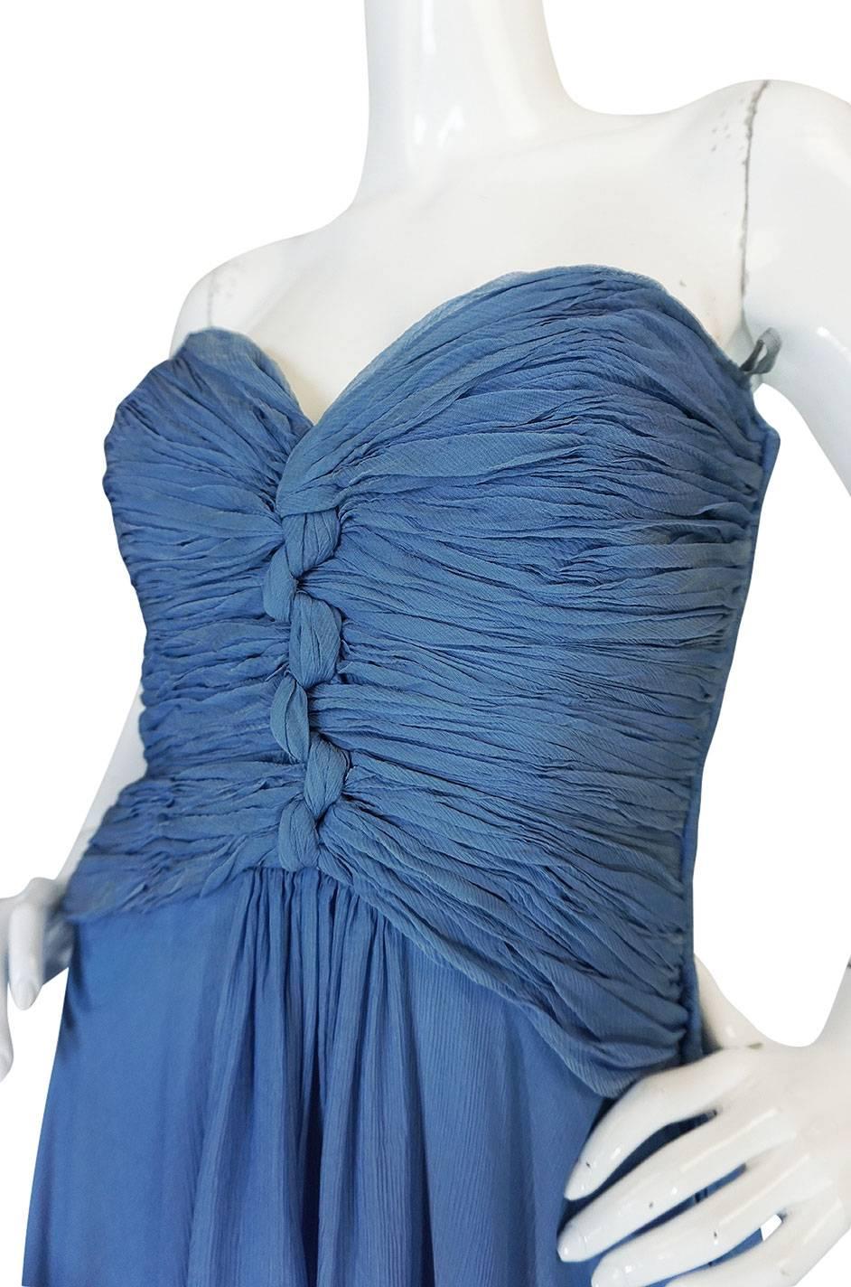 1970s Oscar de la Renta Ice Blue Silk Chiffon Dress & Cape 2