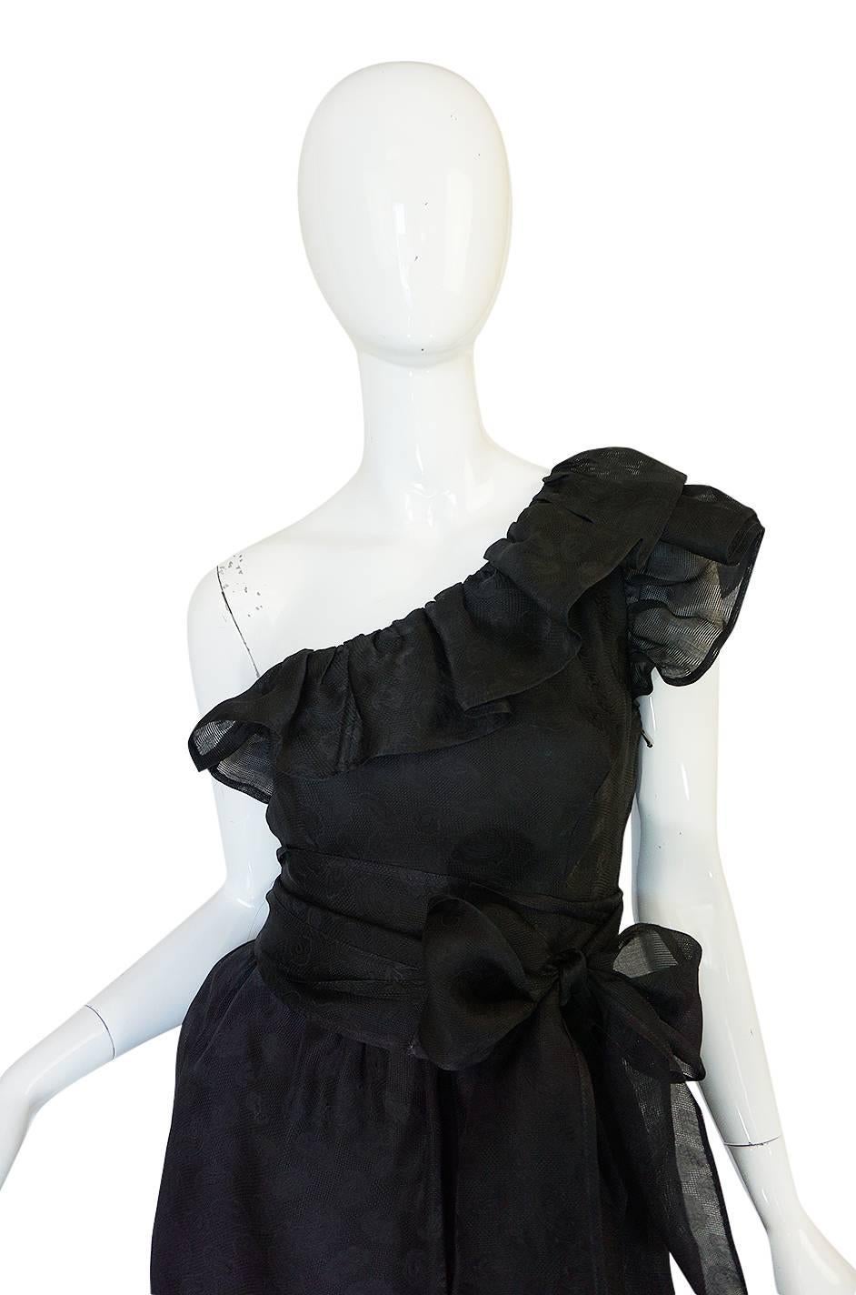 1970s Givenchy One Shoulder Black Silk Cocktail Dress 1