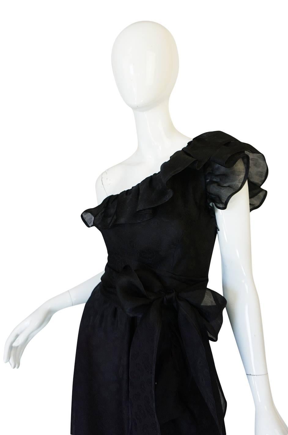 1970s Givenchy One Shoulder Black Silk Cocktail Dress 2