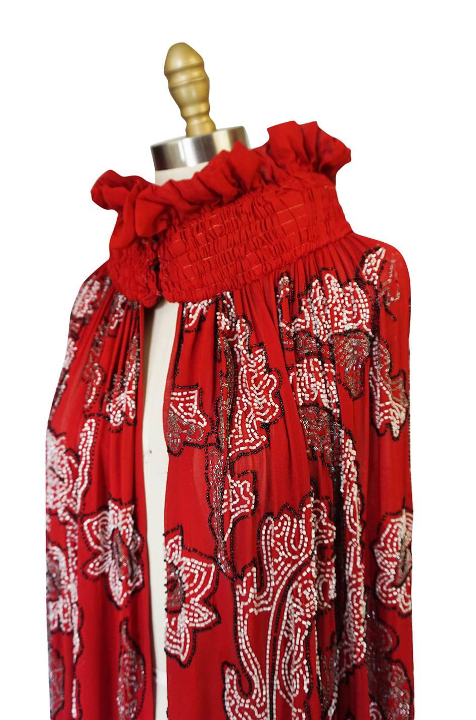 1920s House of Adair Densely Beaded Red Silk Cape In Excellent Condition In Rockwood, ON