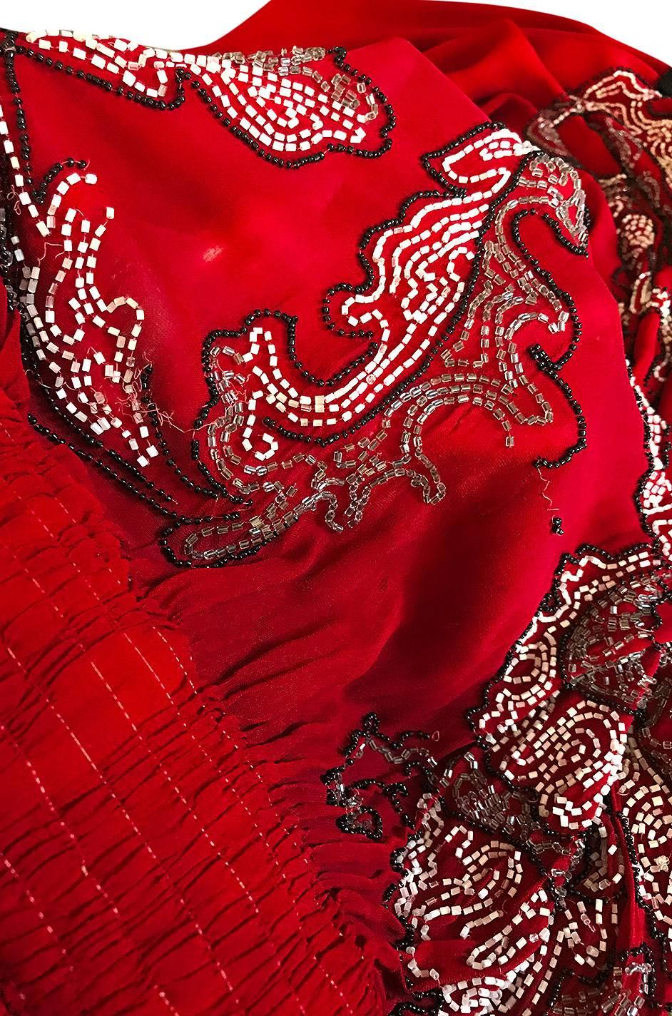 1920s House of Adair Densely Beaded Red Silk Cape 4