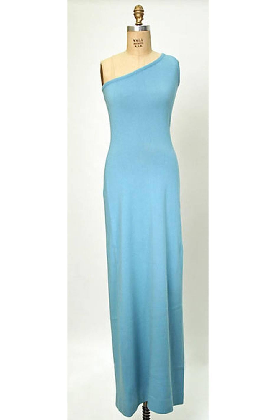 Museum Held 1977 Halston Blue Cashmere One Shoulder Dress 5