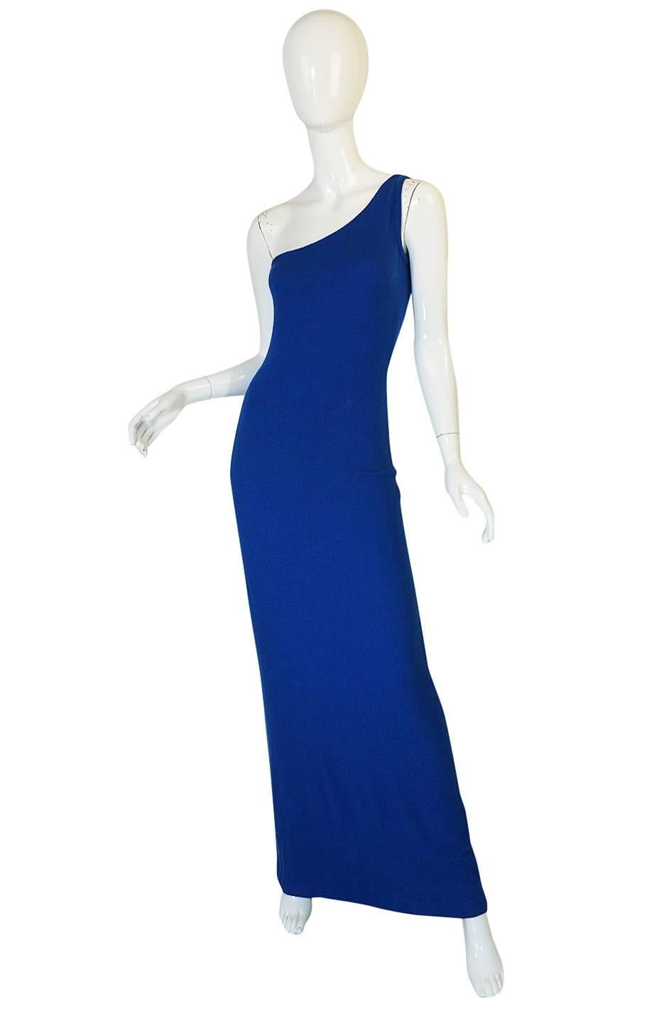 Museum Held 1977 Halston Blue Cashmere One Shoulder Dress In Excellent Condition In Rockwood, ON