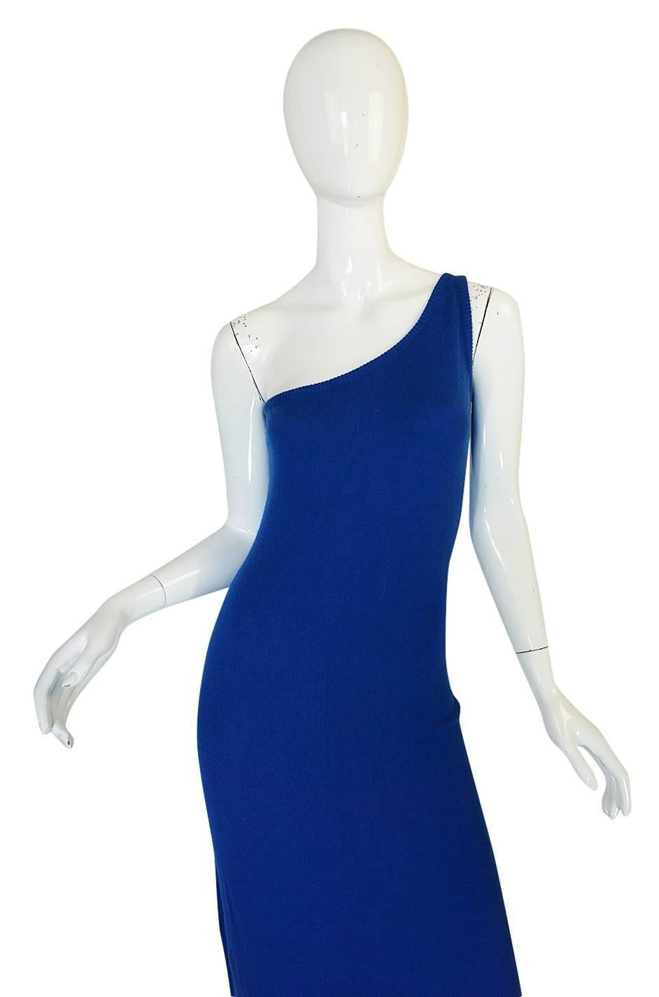 Women's Museum Held 1977 Halston Blue Cashmere One Shoulder Dress