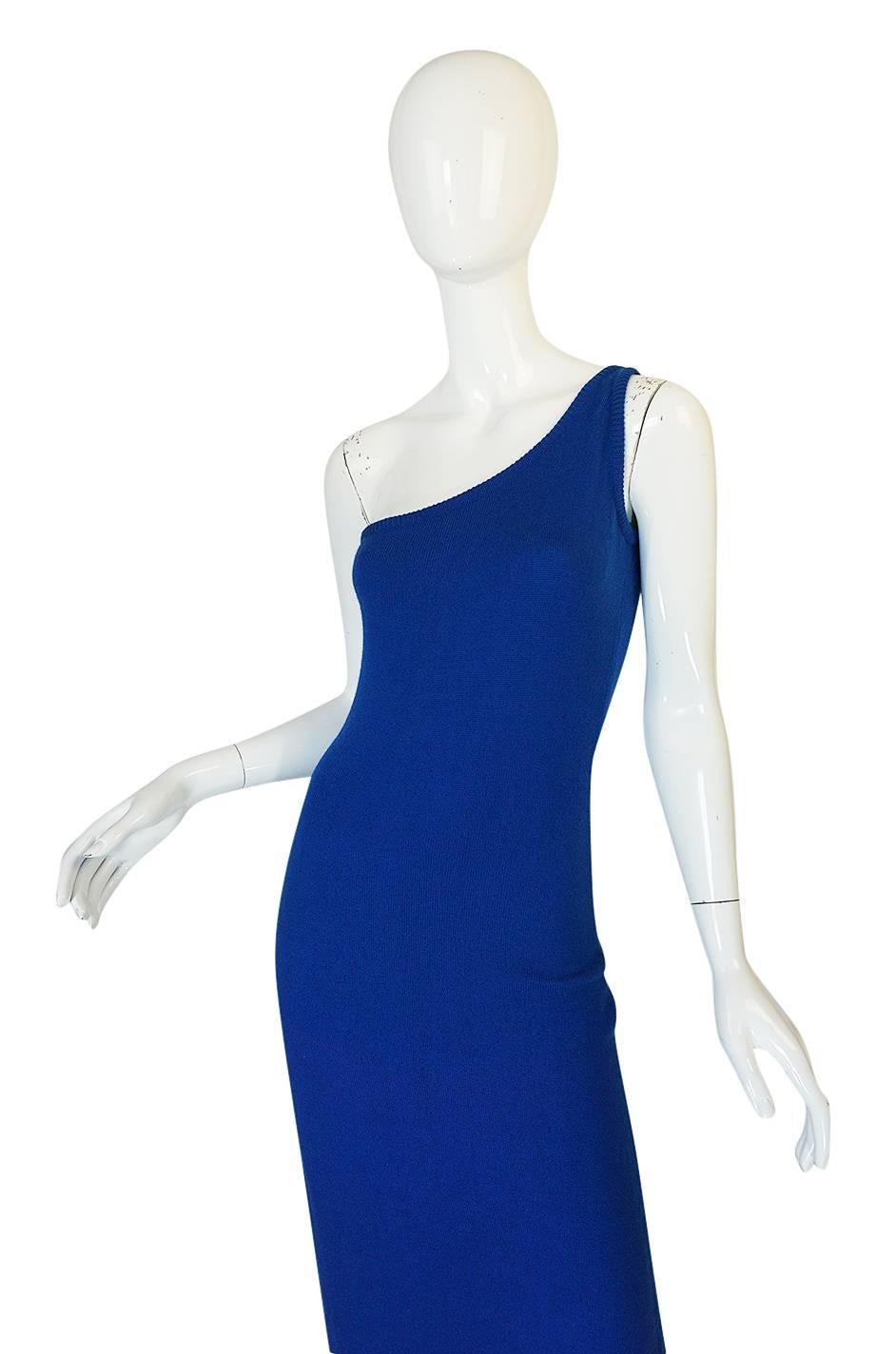 Museum Held 1977 Halston Blue Cashmere One Shoulder Dress 1