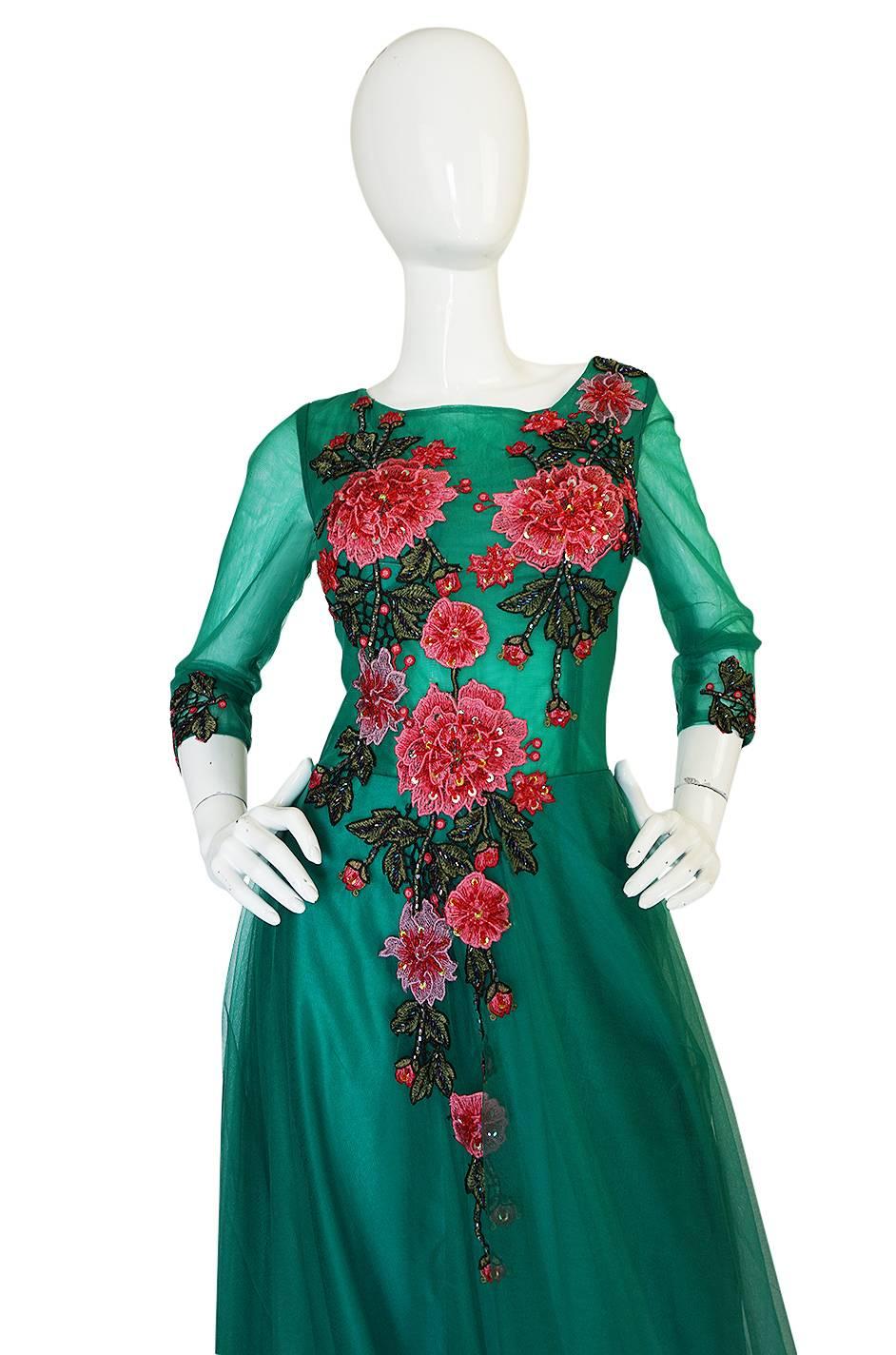 Women's Vintage Trained Emerald Green Lace Tulle Gown w Floral Applique