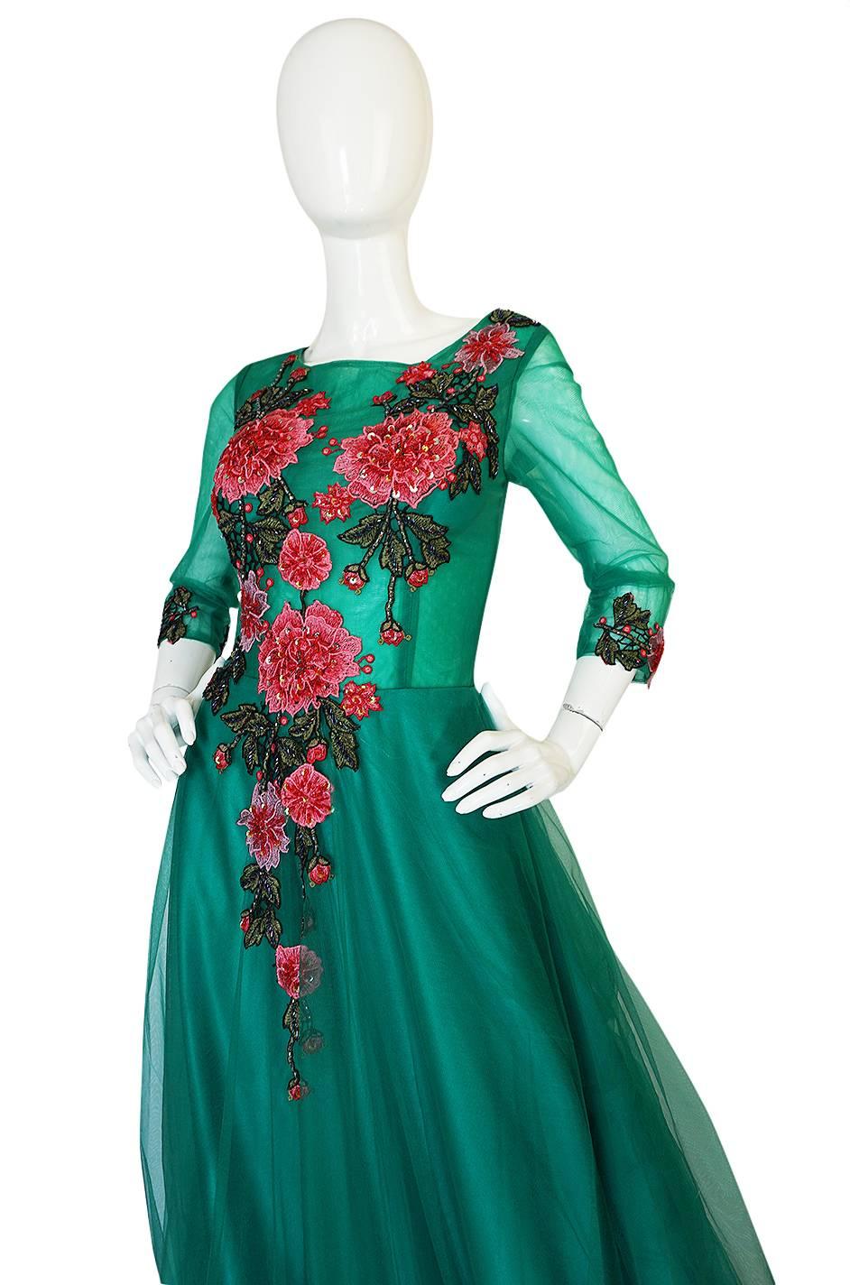 Vintage Trained Emerald Green Lace Tulle Gown w Floral Applique 2