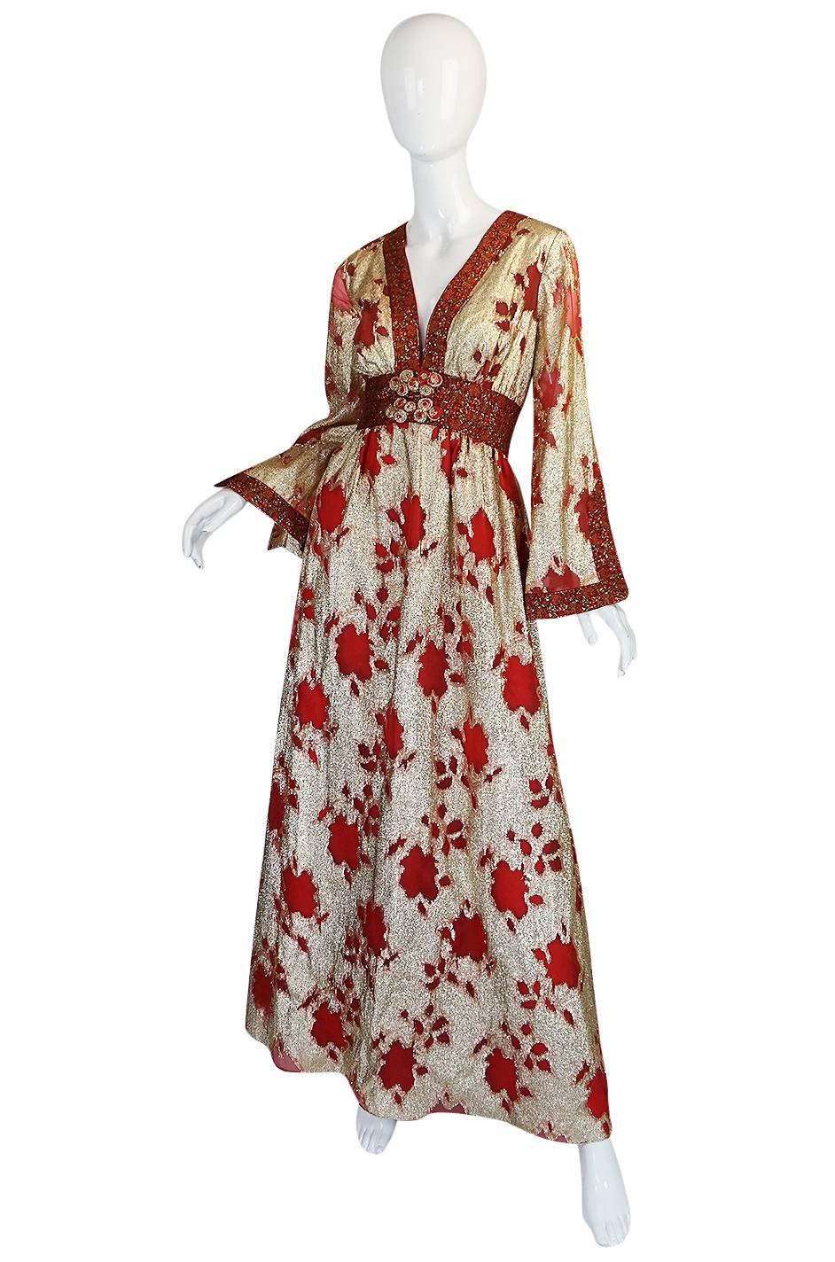 Beige 1970s Unlabelled Bill Blass Gold Lame & Red Silk Metallic Dress