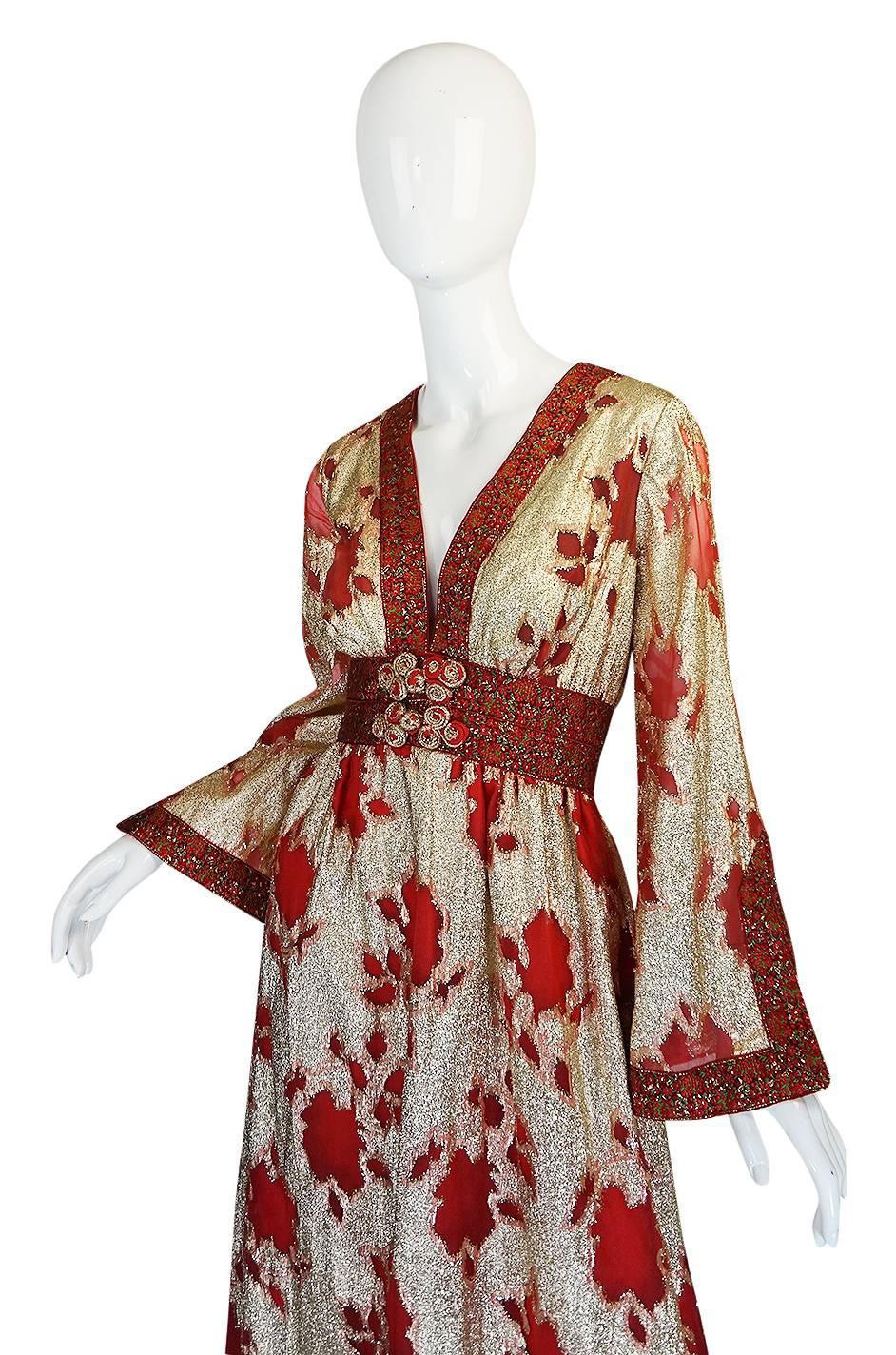 1970s Unlabelled Bill Blass Gold Lame & Red Silk Metallic Dress In Excellent Condition In Rockwood, ON