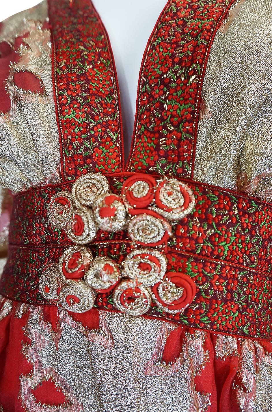 1970s Unlabelled Bill Blass Gold Lame & Red Silk Metallic Dress 4