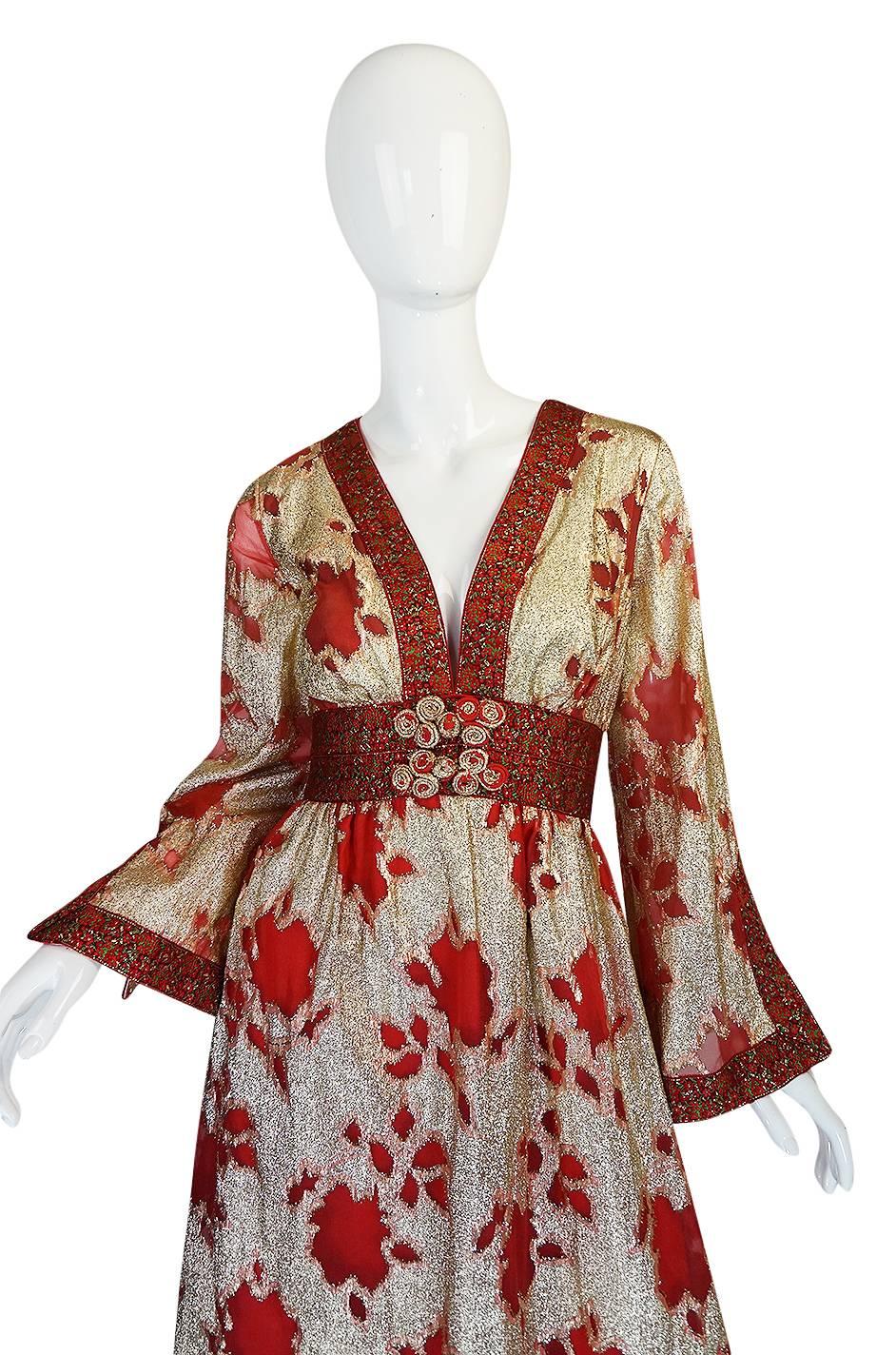 1970s Unlabelled Bill Blass Gold Lame & Red Silk Metallic Dress 1