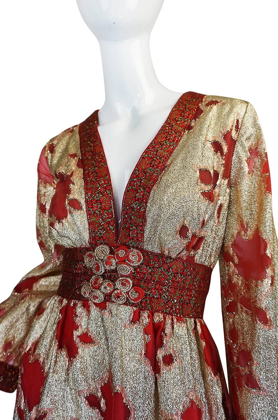 1970s Unlabelled Bill Blass Gold Lame & Red Silk Metallic Dress 2