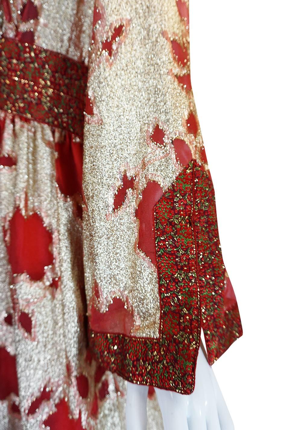 1970s Unlabelled Bill Blass Gold Lame & Red Silk Metallic Dress 3