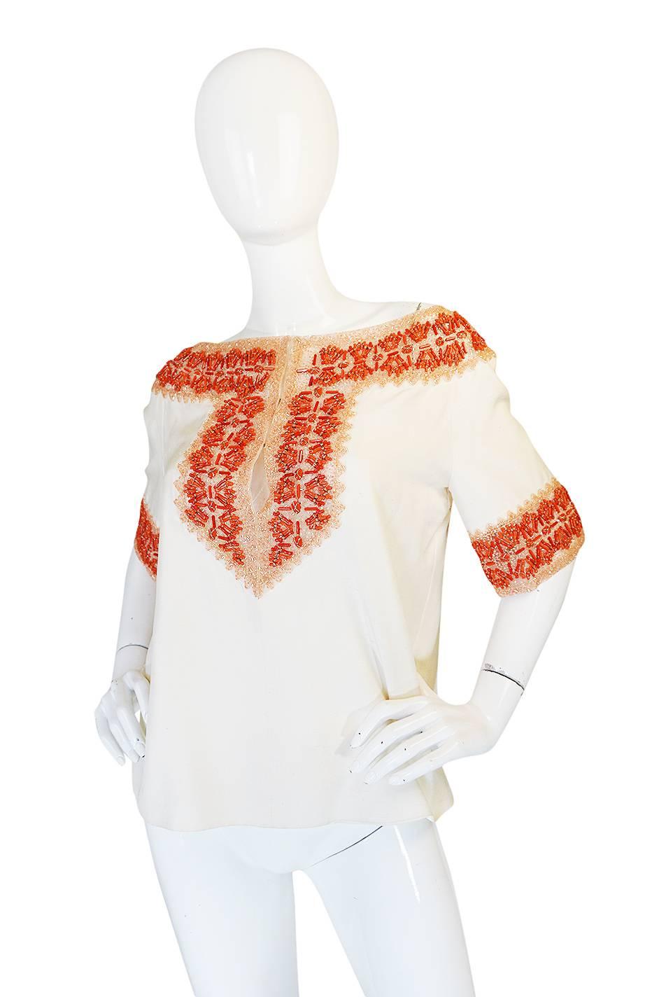 1990s Valentino Coral Beading on Net Cream Silk Top In Excellent Condition In Rockwood, ON