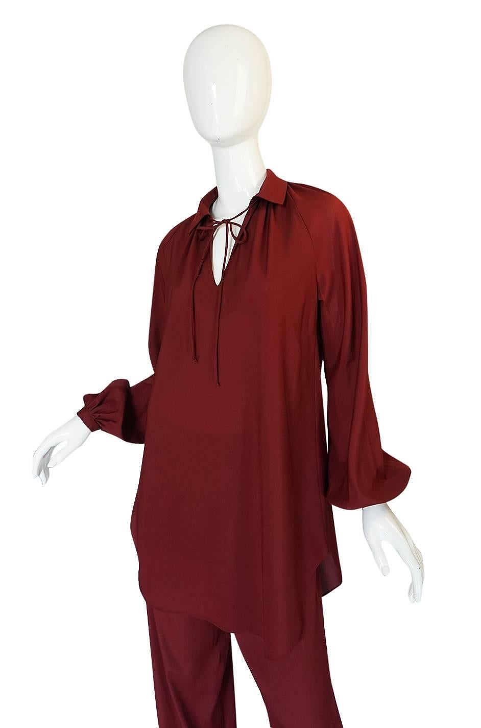 Halston Deep Burgundy Tunic and Pant Set, 1970s  In Excellent Condition In Rockwood, ON