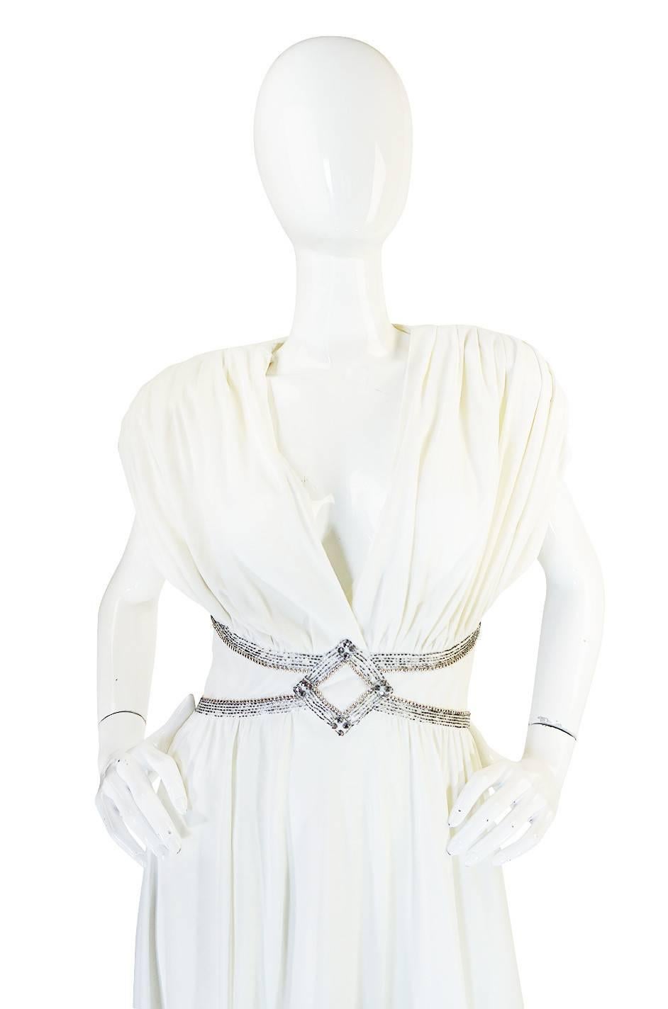 1970s Frank Usher Grecian Draped Beaded Jersey Dress In Excellent Condition In Rockwood, ON
