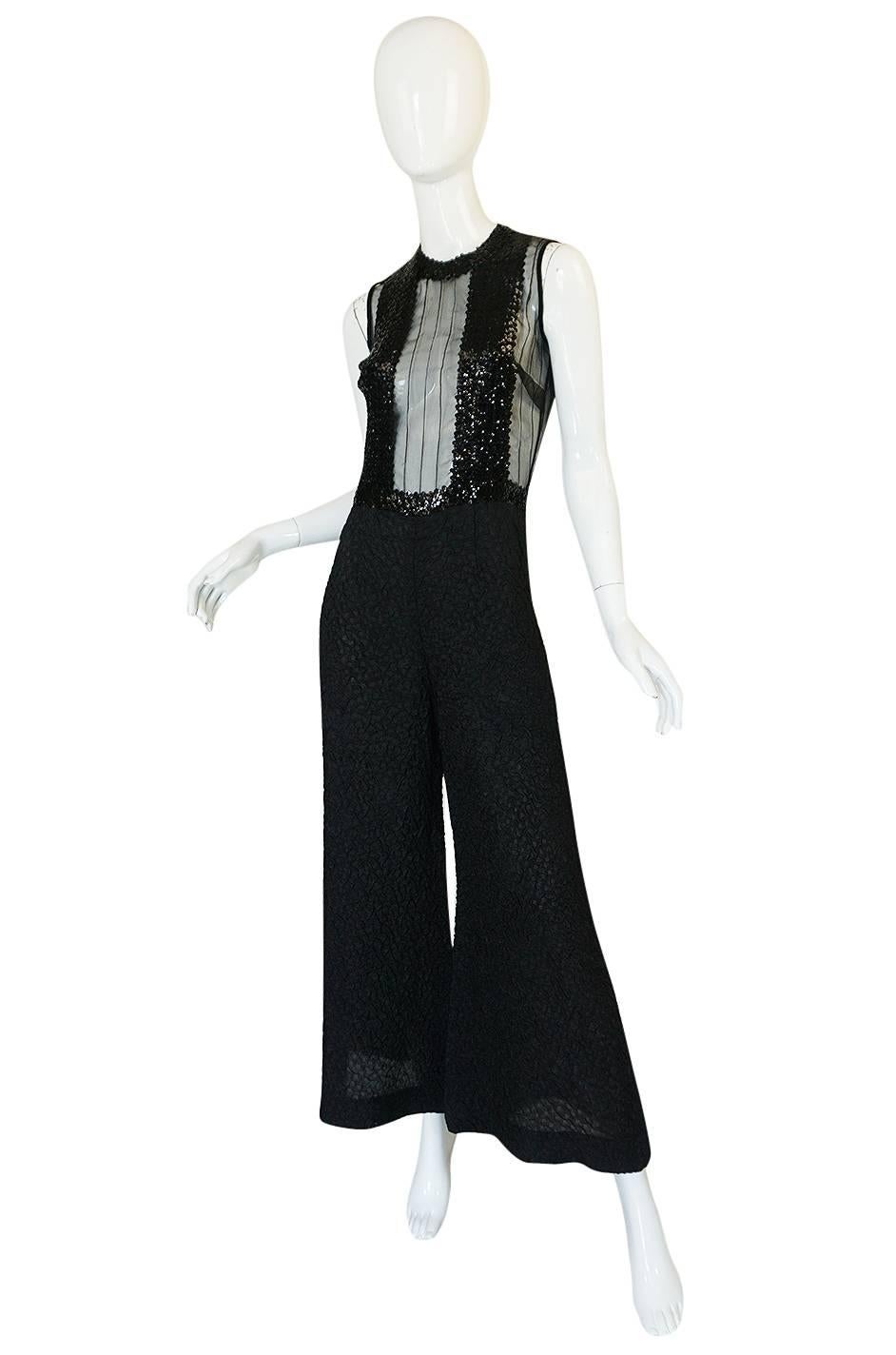1970s Jean Varon Black Sequin & Crepe Chiffon Flared Jumpsuit In Excellent Condition In Rockwood, ON