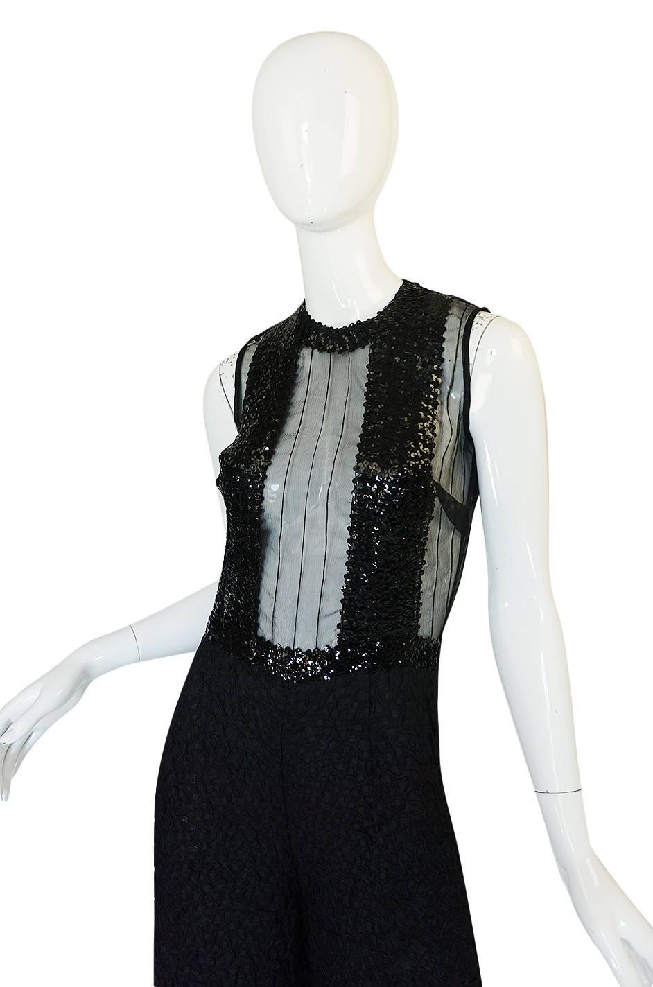 Women's 1970s Jean Varon Black Sequin & Crepe Chiffon Flared Jumpsuit