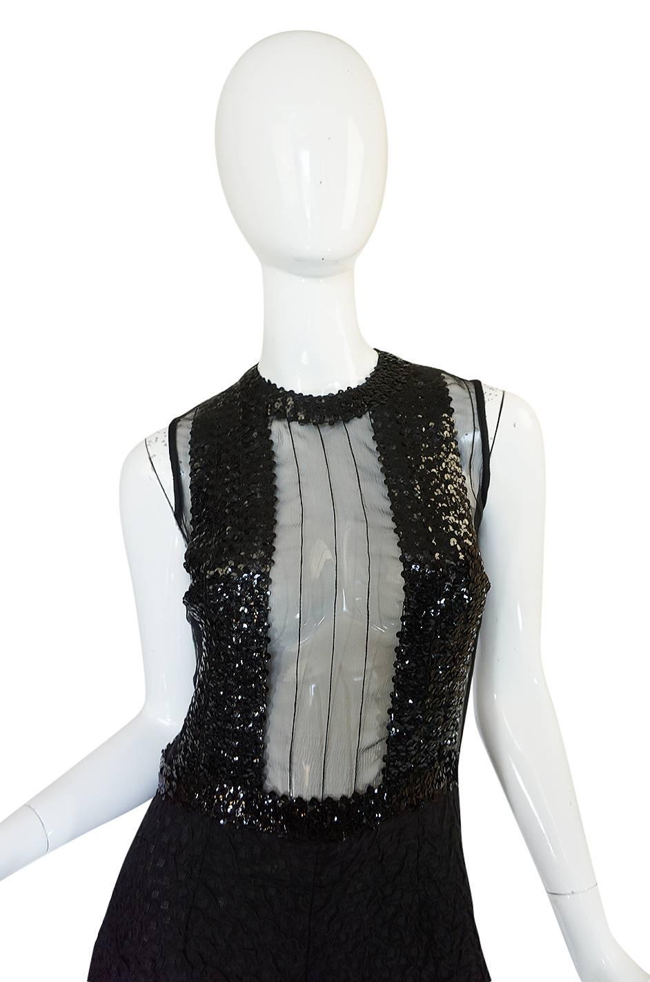 1970s Jean Varon Black Sequin & Crepe Chiffon Flared Jumpsuit 1