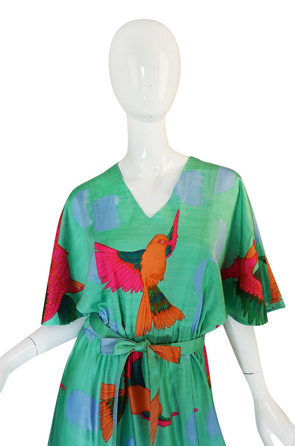 Women's 1970s Hanae Mori Green & Tropical Bird Caftan Dress