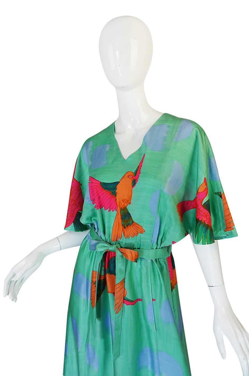 1970s Hanae Mori Green & Tropical Bird Caftan Dress 1