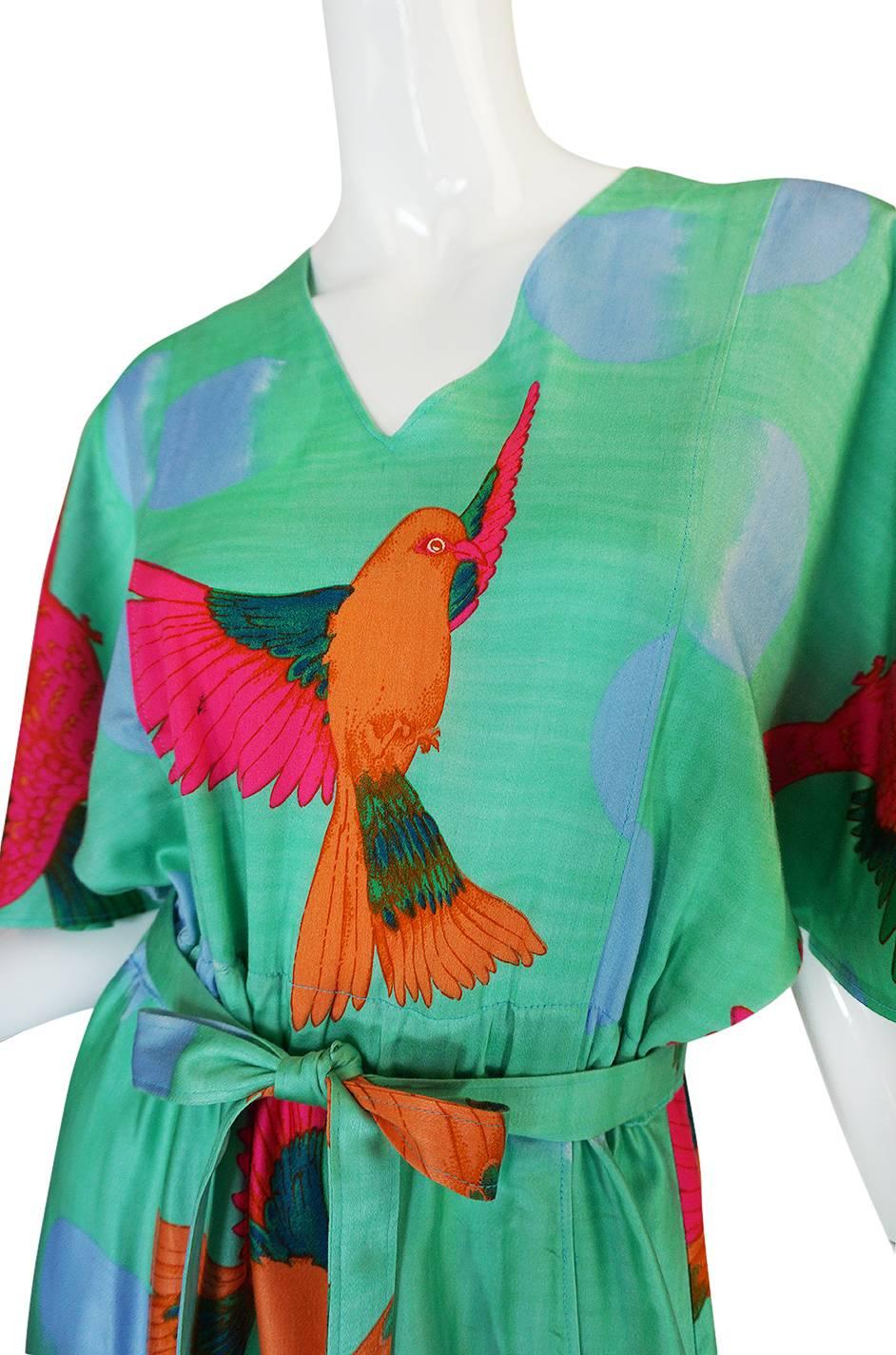 1970s Hanae Mori Green & Tropical Bird Caftan Dress 2