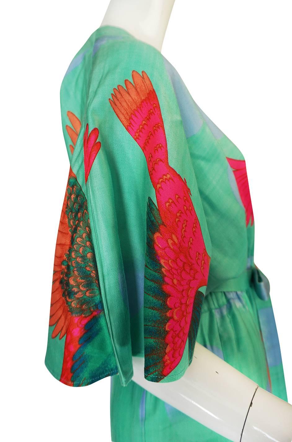 1970s Hanae Mori Green & Tropical Bird Caftan Dress 3