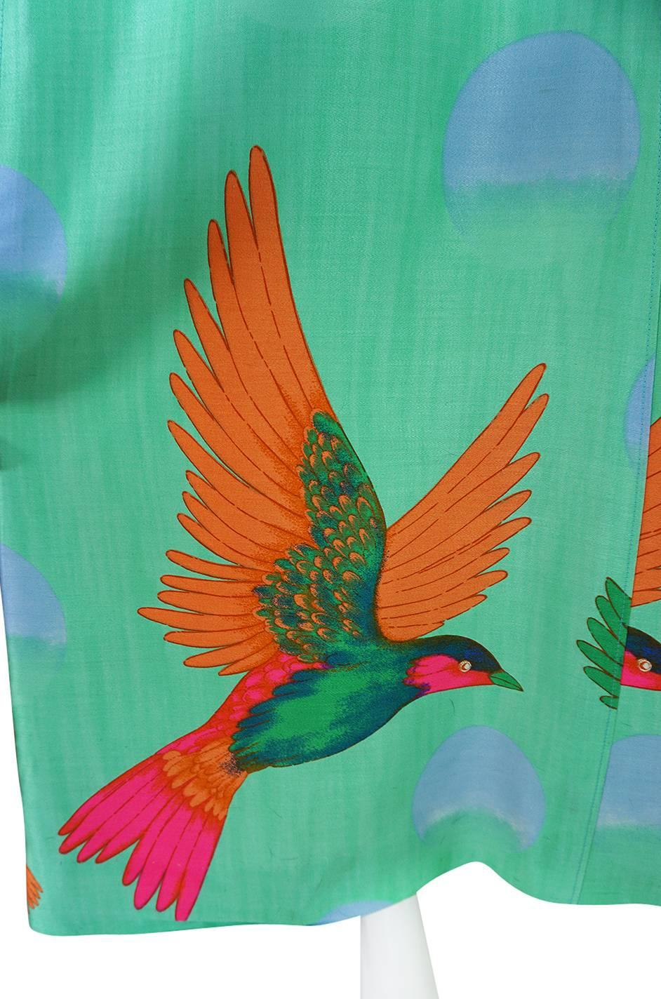 1970s Hanae Mori Green & Tropical Bird Caftan Dress 4