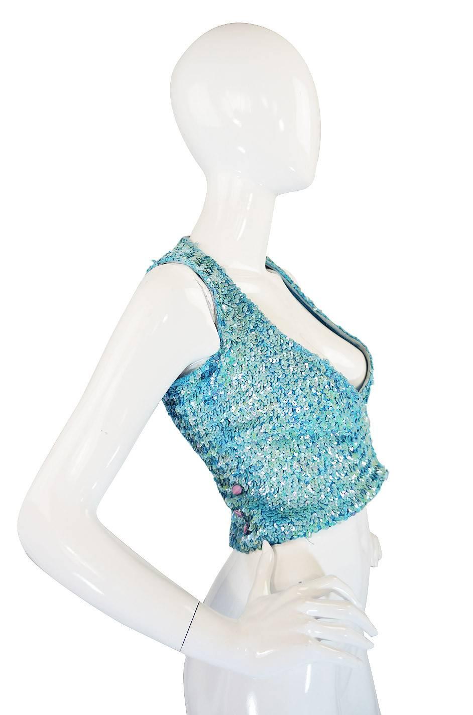 c1973 Biba Baby Blue Sequin Vest Top In Excellent Condition In Rockwood, ON