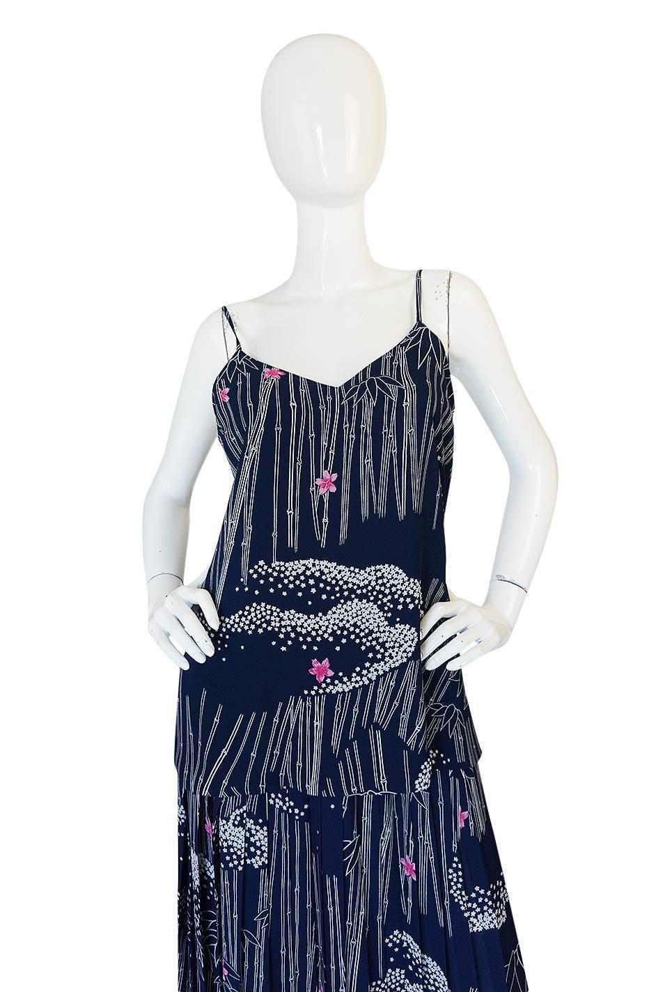 1970s Hanae Mori Slk Bamboo & Flower Print Skirt & Top In Excellent Condition In Rockwood, ON
