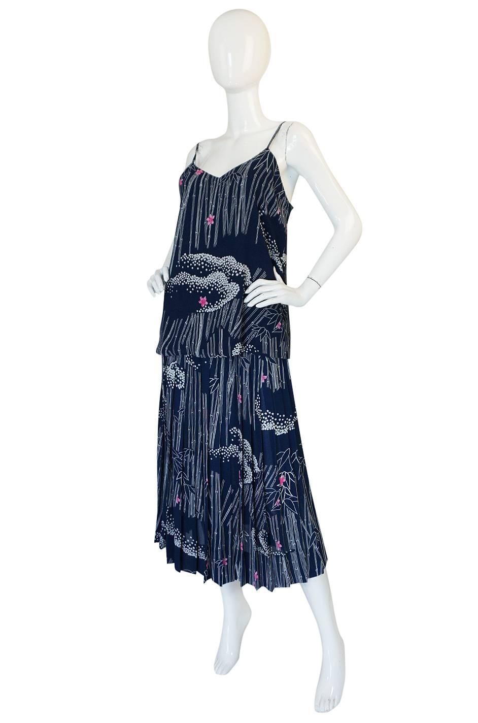 Black 1970s Hanae Mori Slk Bamboo & Flower Print Skirt & Top