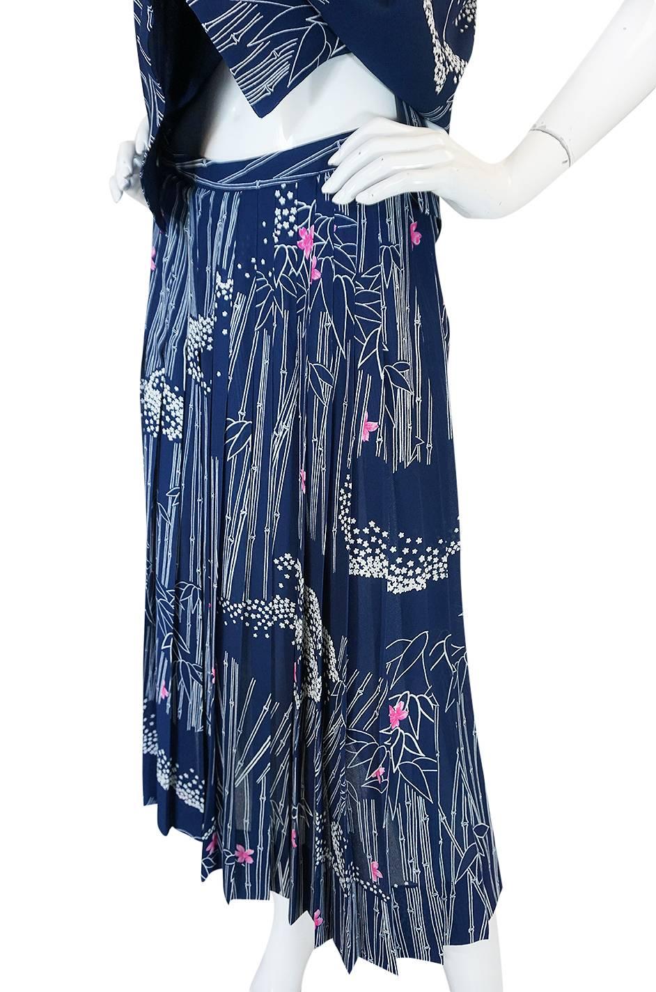 1970s Hanae Mori Slk Bamboo & Flower Print Skirt & Top 2