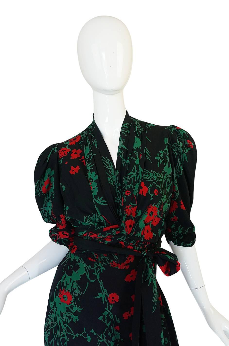 Black 1930s Fashion Originators Guild Blue & Red Floral Silk Dress